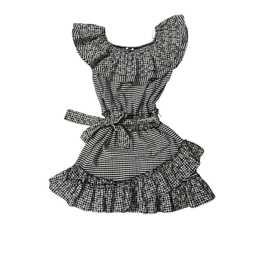 BTFL-life Gingham smocked black and white ruffle dress
